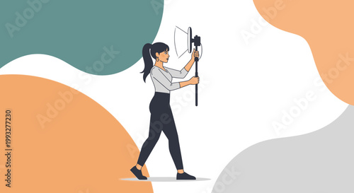 Woman with Megaphone Announcing News, Modern Abstract Background