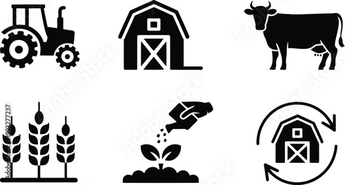 A comprehensive set of black farm related icons including a tractor, barn, cow, and growing crops