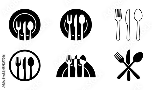 Minimalist cutlery icon set with fork knife and spoon, restaurant logo symbols in black and white, dining silverware vector collection for menus