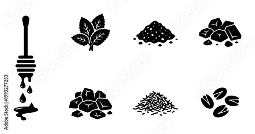 Black silhouette food ingredients icon set, honey dipper and mint leaves vector, chocolate chunks and pistachio nuts collection for culinary design