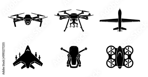 Modern drone silhouette icons set, unmanned aerial vehicle UAV vector collection, 6 black drone symbols for technology and surveillance design