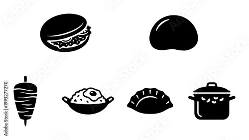 Asian street food icon set, black silhouette vector illustrations of bao bun, gyoza dumpling, kebab meat, and fried rice bowl for restaurant menus