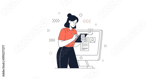 Woman working on computer, taking notes, planning, business concept illustration