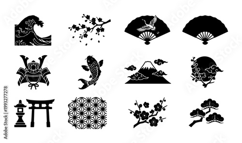 Japanese traditional culture icons set, black silhouette oriental symbols including koi fish and sakura, 12 vector elements for travel and heritage design