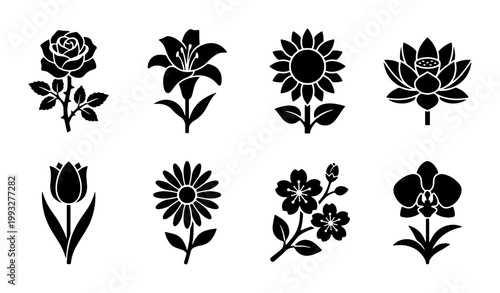 Minimalist black flower icons set, 8 botanical vector silhouettes including rose and sunflower, floral garden symbols for logo design and branding