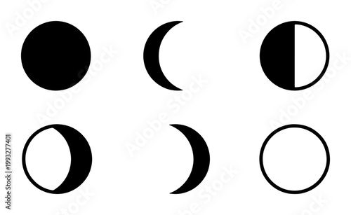 Minimalist moon phases vector set, black lunar cycle icons on white background, 6 astronomical moon shapes for calendar and astrology design