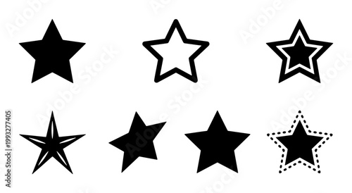 Minimalist black star icons set, collection of 7 decorative star shapes in various styles, flat vector star symbols for rating and UI design