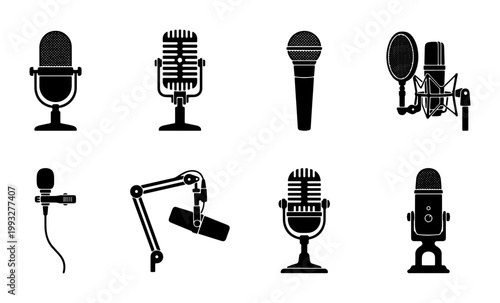 Professional microphone icon set, 8 black vector audio equipment silhouettes, vintage and modern studio mic collection for podcasting and broadcasting