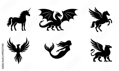 Mythical creatures silhouette set of 6 vector icons, fantasy monsters including dragon and unicorn, black heraldic beast symbols on white background