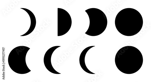 Minimalist moon phases vector set, black lunar cycle icons on white background, celestial astronomy symbols for calendar and astrology design