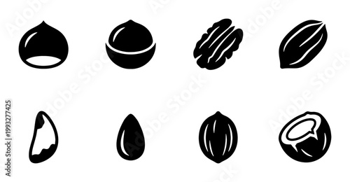 Minimalist nut icons set, black silhouette nut and seed collection, 8 vector symbols of hazelnut macadamia pecan peanut brazil nut almond walnut and coconut