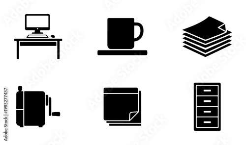 Minimalist office supplies icon set, black solid workspace symbols, professional business desk equipment vector collection for corporate web design