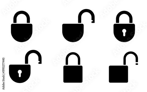Black padlock icon set with locked and unlocked states, 6 security lock vector symbols, flat silhouette padlocks for web safety and data protection