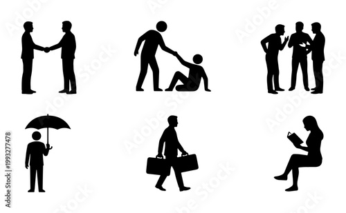 Business people silhouettes set, professional corporate figures in various poses, black human icons for office and social interaction concepts