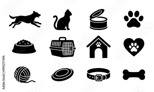 Pet care icon set with 12 black silhouettes, domestic animal supply symbols for veterinary clinics, cat and dog accessories vector collection
