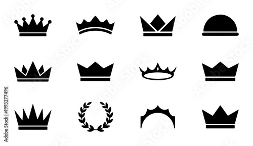 Minimalist crown icon set, black royal tiara and laurel wreath silhouettes, 12 elegant heraldic vector symbols for luxury branding and premium logo design