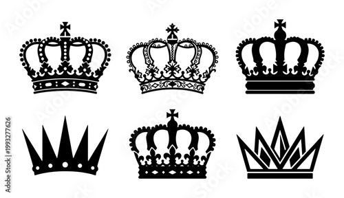 Royal crown silhouette collection, set of 6 black heraldic tiara icons, vintage monarch headwear symbols, elegant king and queen coronet vector set