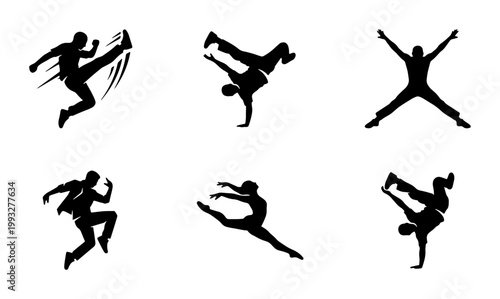 Dynamic breakdance silhouettes set, 6 urban dancer vector elements, athletic hip hop performers in motion, street dance and parkour action poses