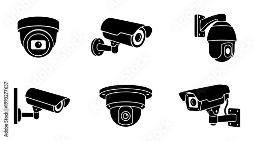Security camera icon set with 6 black vector silhouettes, surveillance cctv equipment collection, monitoring and protection system graphics for safety