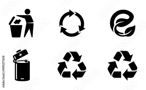 Recycling icon set with 6 black vector symbols, eco-friendly waste management signs, sustainable environment and battery disposal graphics