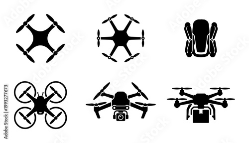 Drone icon set with 6 black silhouettes, unmanned aerial vehicle symbols for delivery and photography, quadcopter and hexacopter vector graphics