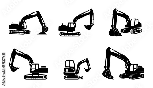 Heavy excavator silhouette icons set, construction machinery vector collection, industrial digger equipment illustrations for building site design