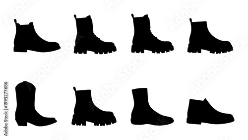 Black boot silhouettes collection, set of 8 footwear vector icons, combat and chelsea boot outlines, fashion shoe profile shapes for retail design