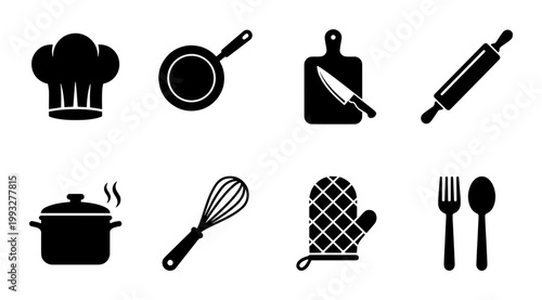 Minimalist kitchen icon set, black cooking tools and chef equipment silhouettes, 8 vector culinary symbols for restaurant menus and food branding