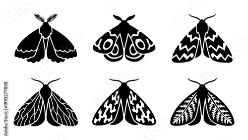 Vintage moth silhouettes set, 6 black butterfly vector icons, celestial nocturnal insect illustrations, mystical nature design elements