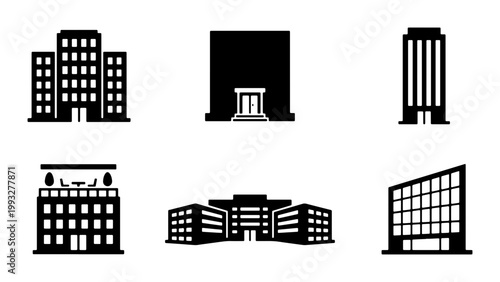 Modern building icons set, black silhouette office skyscrapers and commercial real estate vector collection, urban architecture symbols for web design