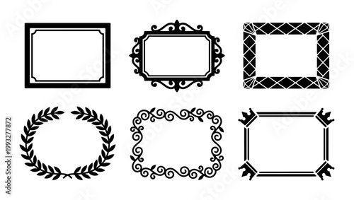 Vintage black decorative frames set, elegant ornamental borders collection, 6 vector frame elements with laurel wreath and crown details