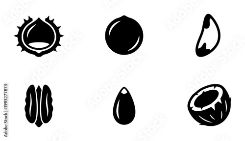 Minimalist nut icons set, black silhouette vector collection of chestnut, macadamia, brazil nut, pecan, almond, and coconut, organic food symbols