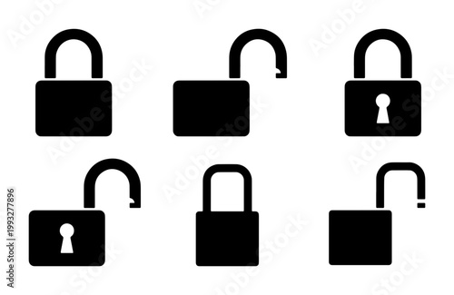 Black padlock icon set with 6 vector elements, locked and unlocked security padlocks, flat silhouette safety symbols for web and app design