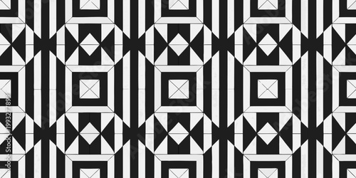 Geometric black and white pattern resembling a tiled wall facade