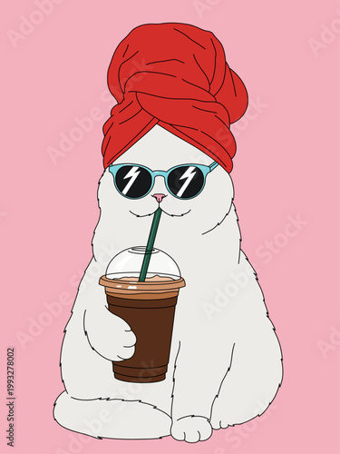 Cool Cat Wearing Sunglasses with a Takeaway Cup of Iced Coffee and a Red Towel Wrapped on the Head against Pink Background. Summer Drinks Holiday and Travel Concept
