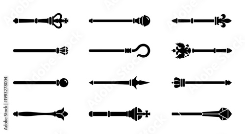 Medieval royal scepter icons, 12 black silhouette scepters and maces, heraldic king and queen regalia vector set, monarch ceremonial staff collection