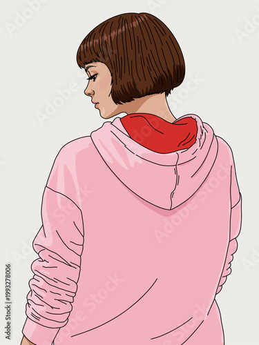 Young Confident Brunette Girl Wearing Blank Trendy Pink and Red Hoodie, Posing on White Background. Vector Illustration Fashion Portrait. Copy Space for Text or Logo