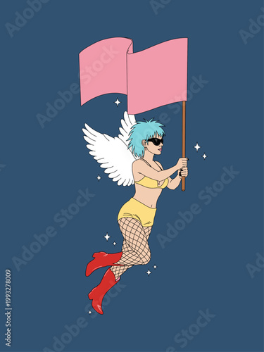 Woman with Wings, Blue Hair and Yellow Bikini Holding Pink Blank Flag Surrounded by Shining Stars against Dark Sky Galactic Background Activist, Revolutionary, Equality, Celebratory Concept.