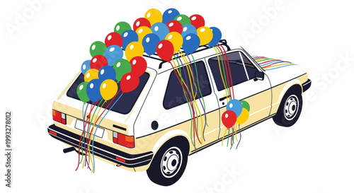 Car decorated with colorful balloons outside.