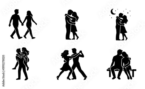 Romantic couple silhouette icons, black vector set of lovers in various poses, man and woman dancing walking and hugging, wedding and date night graphics