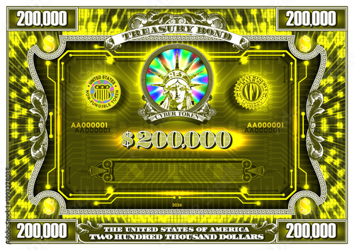 Vector glowing yellow symmetrical treasury bond. Two hundred thousand dollars. Bright contrasting security, rays, computer chip, luminescent glow. Virtual cyber non-fungible token. 3D NFT. 200000