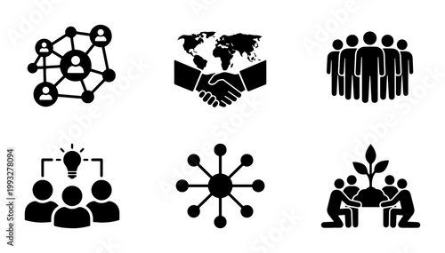 Business partnership and networking icons set, global collaboration and teamwork symbols, 6 black vector silhouettes for corporate strategy