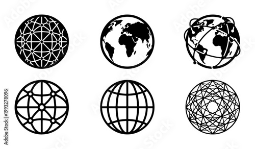 Global network icon set, 6 black world globe vector symbols, earth map and digital communication grid illustrations for business and technology