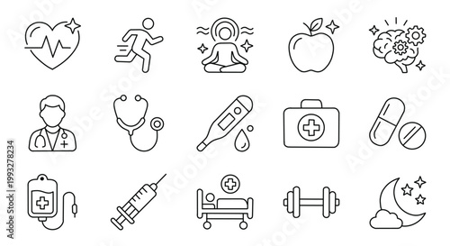 Set of medical and health line icons including doctor, stethoscope, syringe, hospital bed, pills, fitness, wellness and healthcare symbols