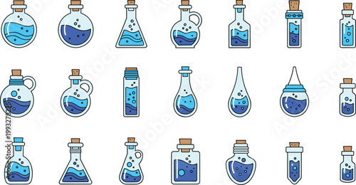 Potion Bottle Icon Set Collection with Magic Elixir Flasks Chemistry Glassware Symbols for Fantasy Game Design UI Elements and алхemic Illustration.