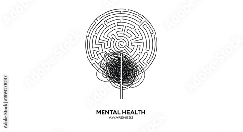 Mental health awareness maze, brain puzzle, mental wellness vector, psychology symbol