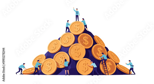People stacking large gold coins high.