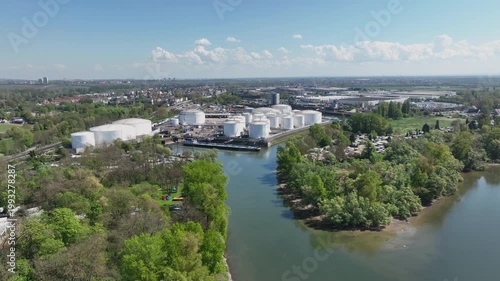 Refinery and railroad track at River Rhine - aerial view