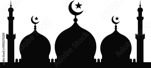 A crisp black mosque outline features three main domes and two tall minarets with crescent moons