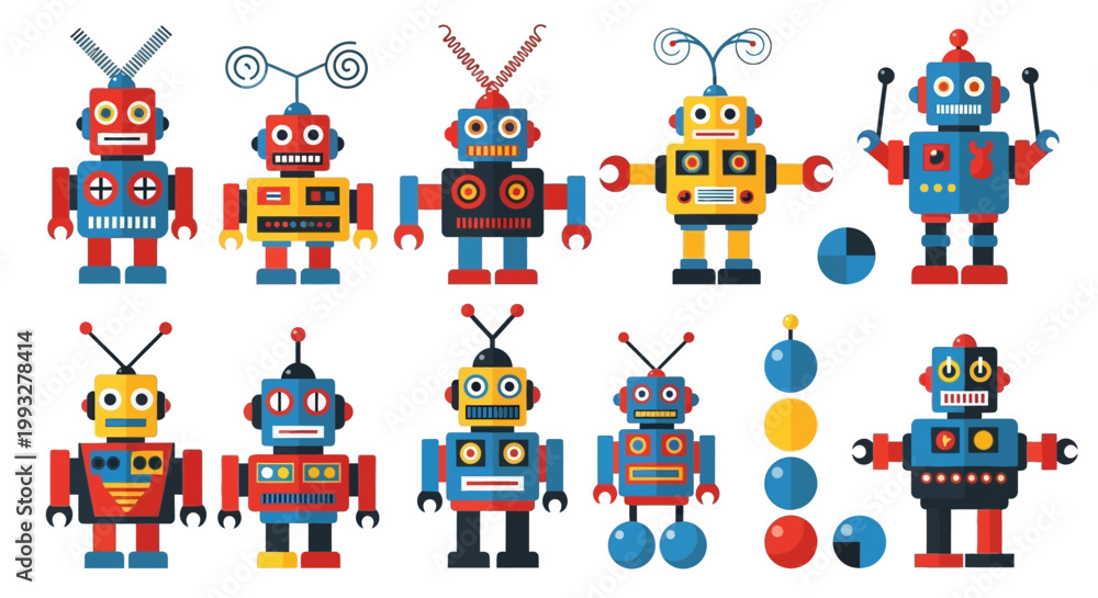 Naklejka premium Colorful toy robots standing together.